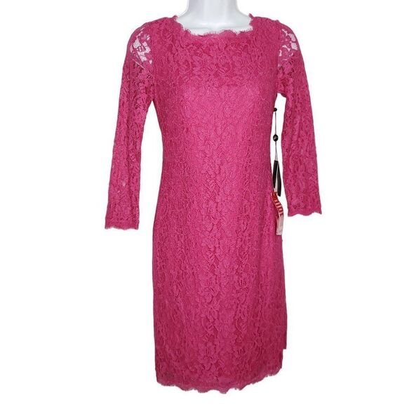 NEW Adrianna Papell Pink Lace Bodycon Dress 2 Long Sleeve Full Zipper Back - Picture 1 of 8